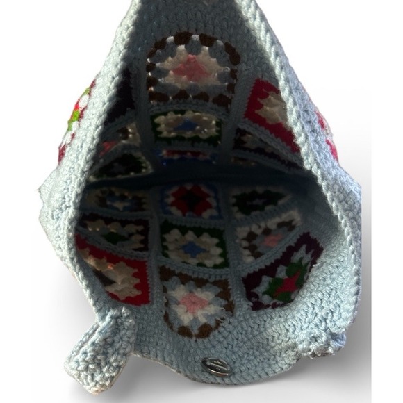 Crocheted BOHO Granny Square Blue Shoulder Tote Bag Handmade Unlined - Picture 3 of 5